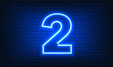 Number Two neon sign on brick wall background. Vintage blue electric signboard with bright neon light inscription. Second, Number 2 template icon, neon banner, nightly advertising. Vector illustration