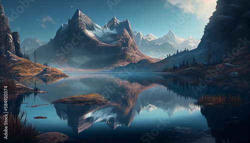 Mountain peak reflecting in tranquil pond beauty ,generative AI