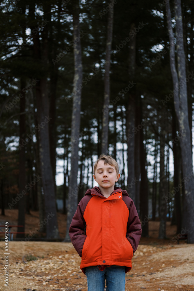 Little boy in red winter jacket standing in front of tall pine trees Little boy in red winter jacket standing in front of tall pine trees