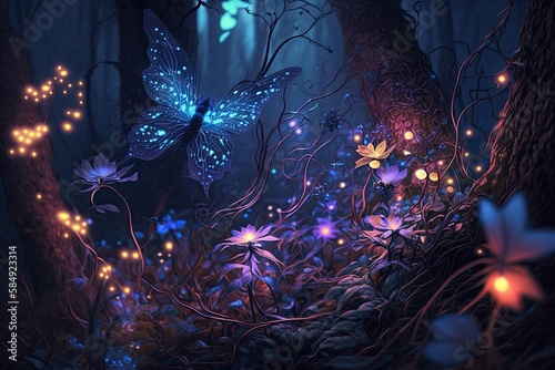 Fototapeta fairy forest at night fantasy glowing flower, generate AI