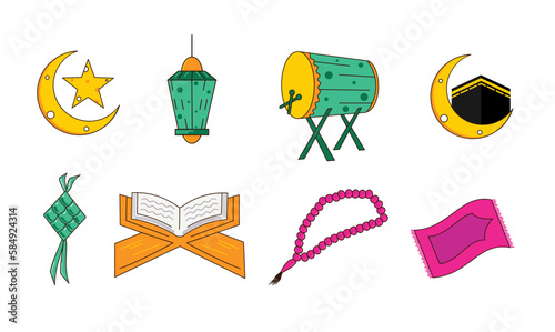 illustration of a set islamic cute Ramadan and Eid al Fitr elements isolated on white background