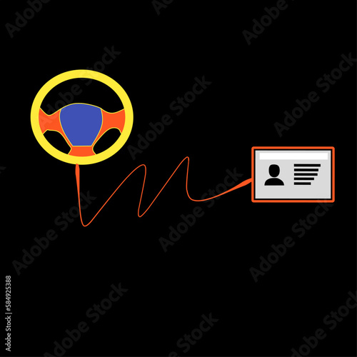 an illustration of a car steering wheel with a driver's license suitable for a safe driving campaign