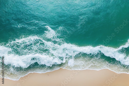 Photo Spectacular top view from drone photo of beautiful beach with relaxing sunlight, sea water waves pounding the sand at the shore