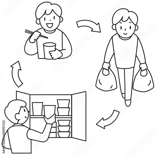 災害に備え食品のローリングストックをする男性