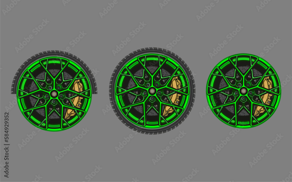 Car wheel and rims. Vector illustration, wheels gold silver black, Car Wheel 3D illustration, Car wheel, set. Realistic design. Vector illustration