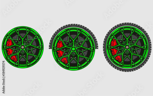 Car wheel and rims. Vector illustration, wheels gold silver black, Car Wheel 3D illustration, Car wheel, set. Realistic design. Vector illustration