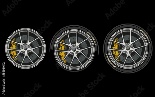Car wheel and rims. Vector illustration, wheels gold silver black, Car Wheel 3D illustration, Car wheel, set. Realistic design. Vector illustration