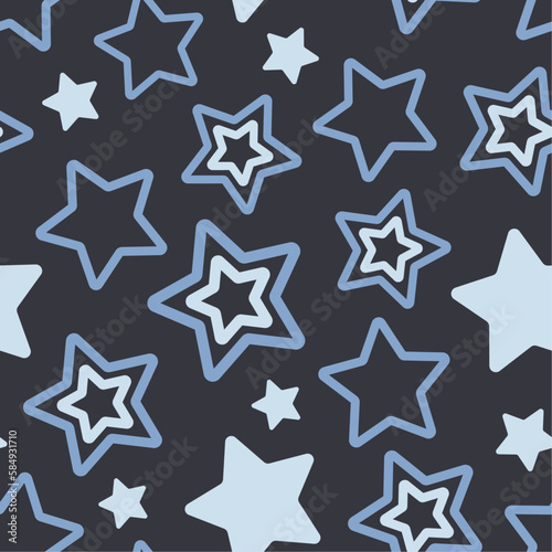 White and blue stars on dark background. Abstract vector seamless pattern. Best for textile, print, wrapping paper, package and home decoration.