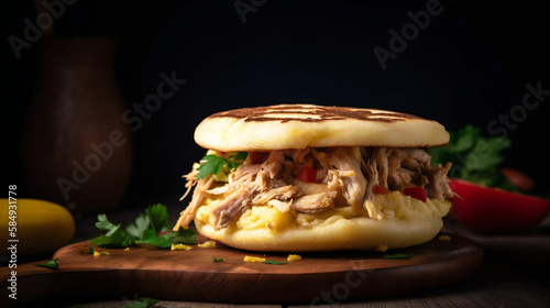 arepa with chicken, meat and pork, colombian and Venezuelan typical food, generative AI photo
