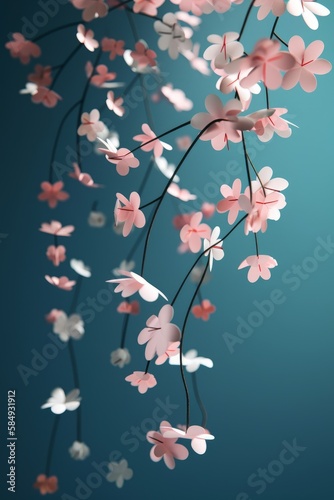 Cherry blossoms with falling petals. Generative AI. 