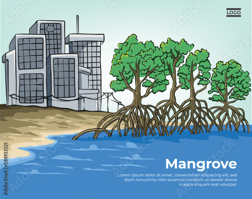 Mangrove planting banner on the coast. Mangroves protect settlements from sea waves.
