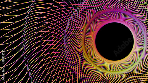 A bright color circle of threads and a hole in the center.