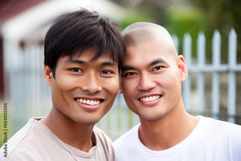 Interracial gay couple with picket fence in background, Generative Ai Interracial gay couple with picket fence in background, Generative Ai
