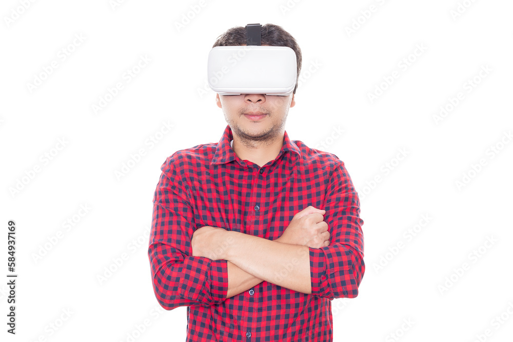 Man stand with arms crossed and using virtual reality headset surprised man looking in VR glasses isolated on white background with clipping path Man stand with arms crossed and using virtual reality headset surprised man looking in VR glasses isolated on white background with clipping path
