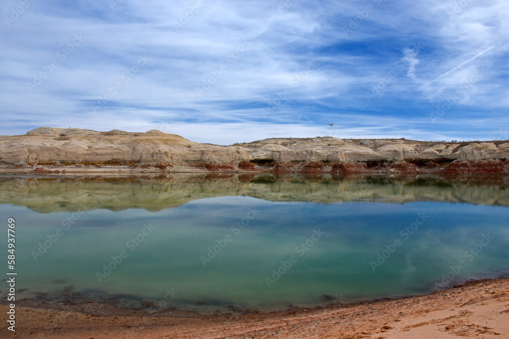Lake Powell Landscape during a severe drought, beautiful rock formation at in the Glen Canyon National Recreation Area Desert of Arizona and Utah, United States, famous holiday spot