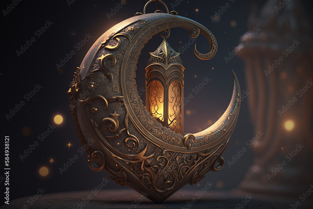 A digital painting of a crescent moon with a lantern on it.