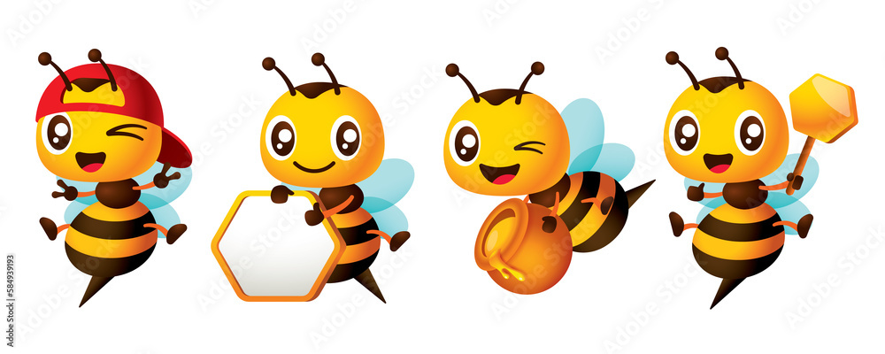 Obraz premium Cartoon cute bee character set series with different poses. Cute Bee holding honey dipper, honeycomb signboard and honey pot, show peace hand sign. Bee mascot set collection