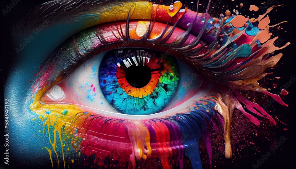 Multi colored creativity in close up human eye generated by AI