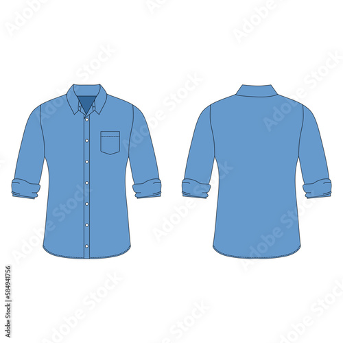 Blue long sleeve shirt rolled up half. Flat illustration of men's collared shirt with pockets isolated on white