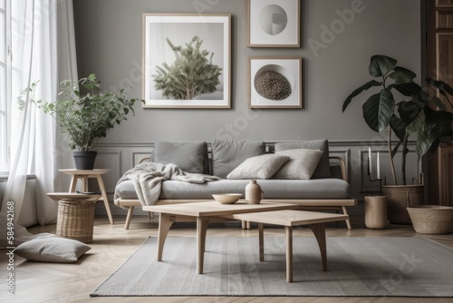 Minimalist living room with gray couch  wooden coffee table  plants  mock up poster frame  and stylish accessories. Interior design. Template. Gray. Parquet. Generative AI