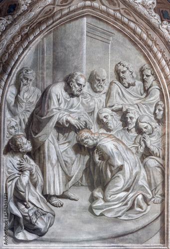 BIELLA, ITALY - JULY 15, 2022: The fresco of Choice of St. Matthias the apostle in Cathedral (Duomo) by Giovannino Galliari (1784).