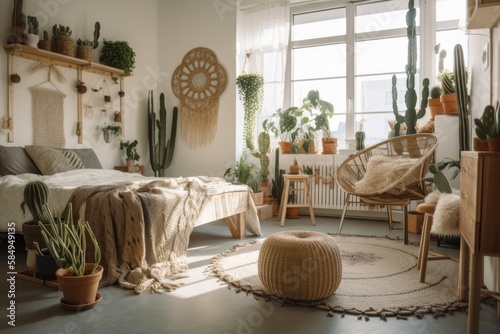Houseplants in wicker baskets and ceramic pots on wooden bench against armchair and cozy bed with white baldachin. Morning light in colourful boho trendy bedroom. Nordic interiors. Generative AI
