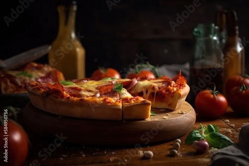 A Pizza Sitting On Top Of A Wooden Cutting Board Next To Bottles Of Wine Restaurant Food Photography Food Photogr Generative AI aphy photo