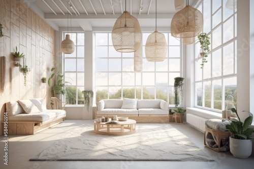 Scandinavian minimalism. Bright studio living room. Nature view panoramic windows. Generative AI