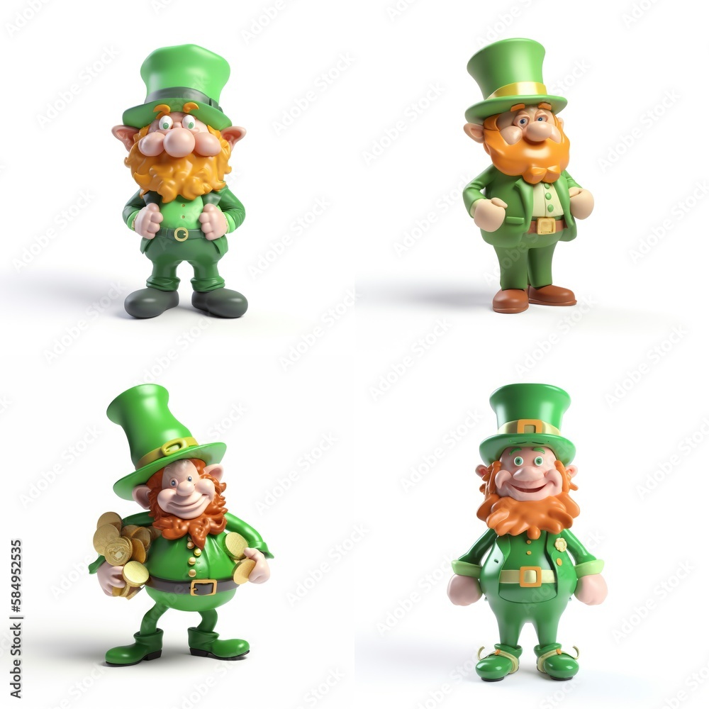 Obraz premium st patricks day leprechaun, set of small characters 3d render, white background isolated, generative ai 