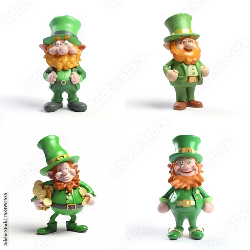 st patricks day leprechaun, set of small characters 3d render, white background isolated, generative ai 