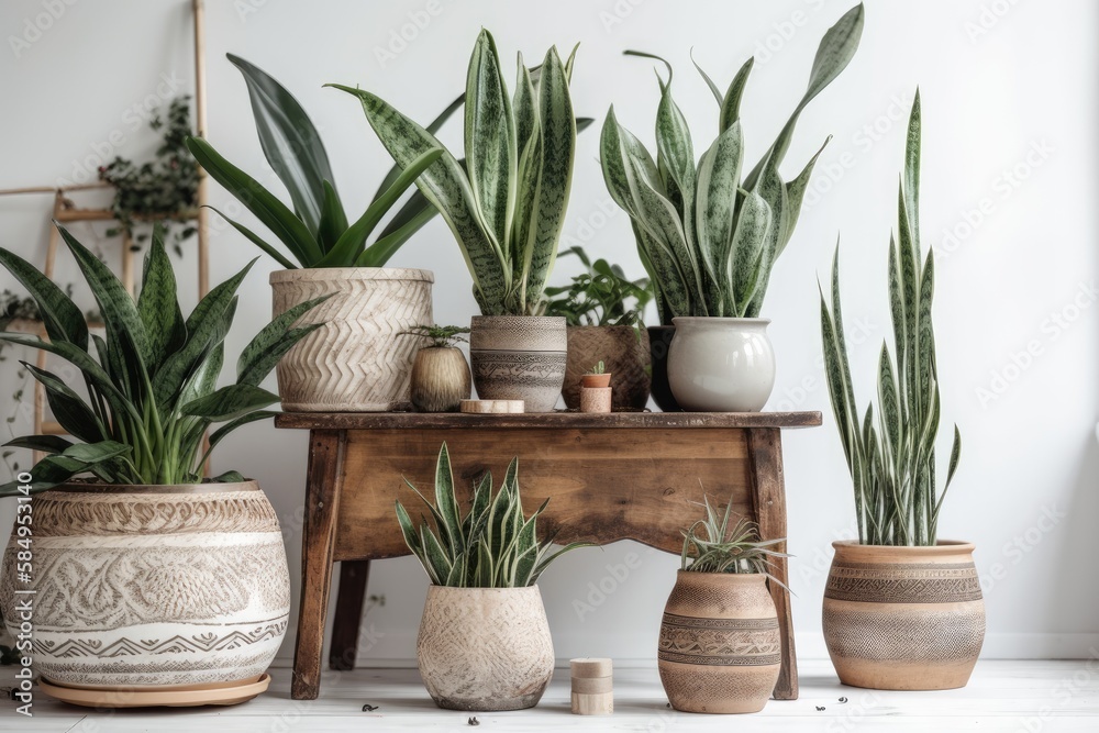 Green potted plants on wooden old pedestal on white rustic wall with needlework hanging. Peperomia, sansevieria, dracaena, contemporary room design, boho bedroom. Generative AI
