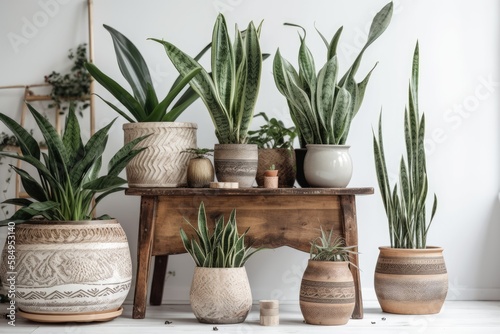 Green potted plants on wooden old pedestal on white rustic wall with needlework hanging. Peperomia, sansevieria, dracaena, contemporary room design, boho bedroom. Generative AI photo