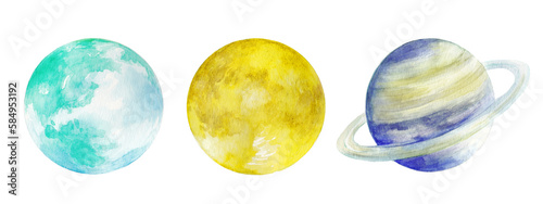 Wallpaper Mural 水彩で描いた地球と月と土星のイラスト　挿絵　背景イラスト	 Torontodigital.ca