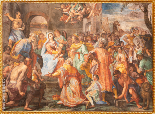 GENOVA, ITALY - MARCH 5, 2023: The fresco of Tree Magi in the church Chiesa del Gesu by Giovanni Battista and his brother Giovanni Carlone from 17. cent.