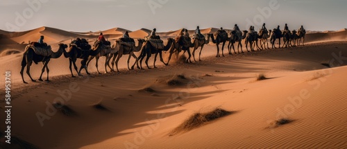 Line of camels carrying treasures over the sahara dessert. Generative AI © Catrat