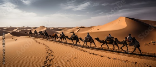 Line of camels carrying treasures over the sahara dessert. Generative AI