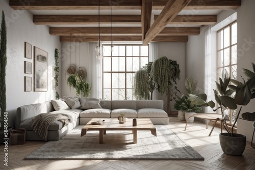 White and gray japandi living room. Fabric couch, beams ceiling, window, and decors. Farmhouse decor,. Generative AI