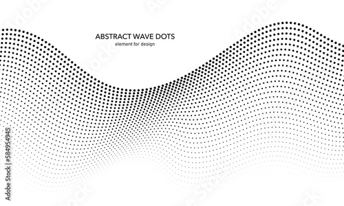 Abstract wave dotted element for design. Stylized line with dot on art background. Waves range with lines dots. Digital frequency track equalizer. Curved smooth wavy string. Vector illustration.