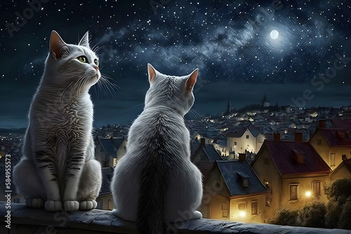Two white cats on the roof look at the city at night and the dark blue sky with stars and the moon. Generative AI