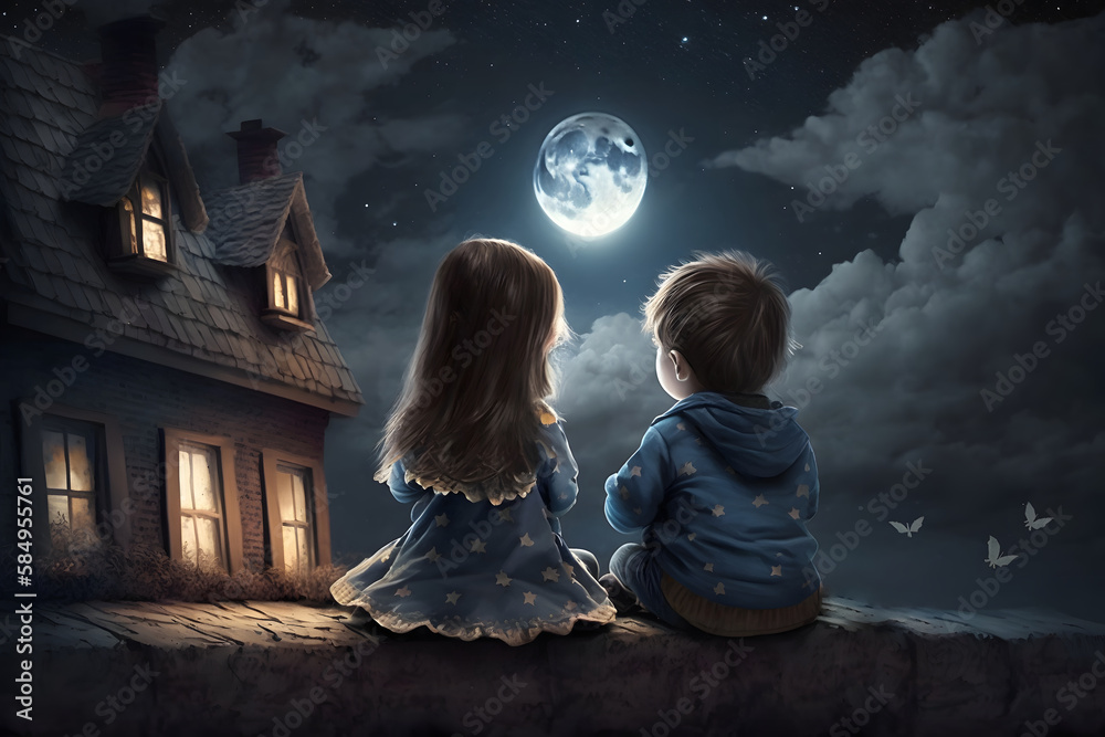 Two cute kids sit on the roof at night and look at the sky under the ...