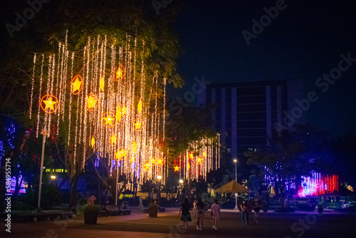 Christmas lights in the city streets. University of Santo Tomas, Manila, Philippines