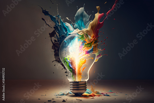 A creative light bulb explodes with colorful paint. Lightbulb eureka moment. Generative AI