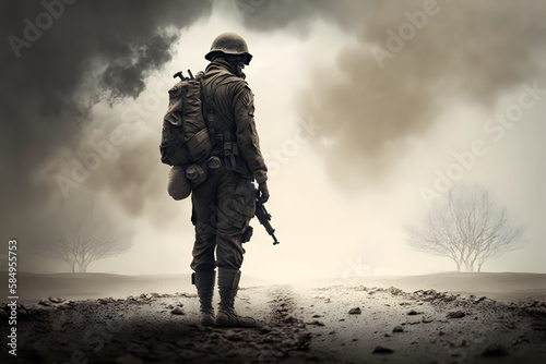 A lone soldier in an army uniform stands on the path and looks into the distance. The concept of anti post-apocalyptic war. Generative AI