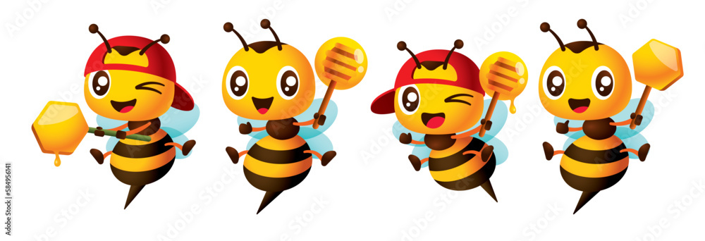 Fototapeta premium Cartoon cute bee mascot set with different poses holding honey dipper and honeycomb vector illustration