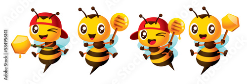 Cartoon cute bee mascot set with different poses holding honey dipper and honeycomb vector illustration