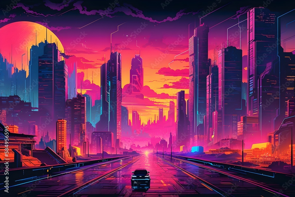 Beautiful Cyberpunk Cityscape with a sunset, Glitchy Animation style | Cyberpunk Wallpaper/Background | - obrazy, fototapety, plakaty 