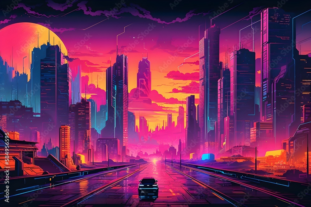 Beautiful Cyberpunk Cityscape With A Sunset Glitchy Animation Style 
