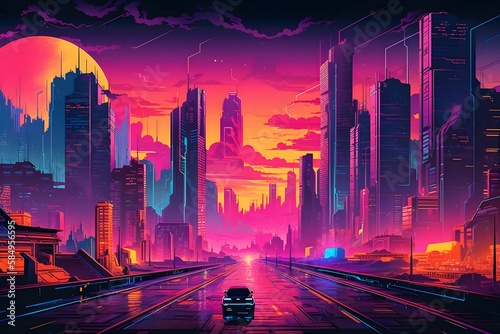 Fototapeta Beautiful Cyberpunk Cityscape with a sunset, Glitchy Animation style | Cyberpunk Wallpaper/Background |