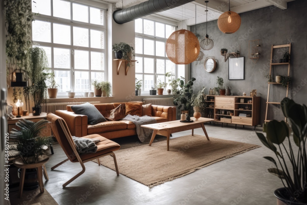 Fototapeta premium Bright loft with couch and workspace. Generative AI
