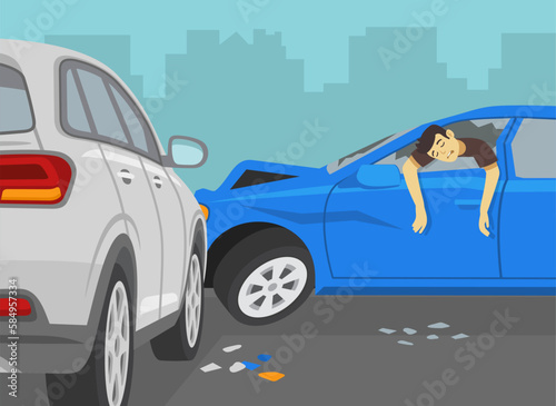 Road accident death scene. Male driver killed after colliding with vehicle on intersection. Flat vector illustration template.